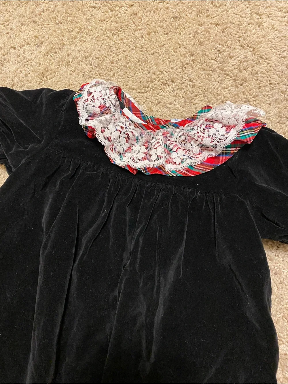 Mothercare Vintage Girls Black Velvet Dress Lace Collar Plaid 4T